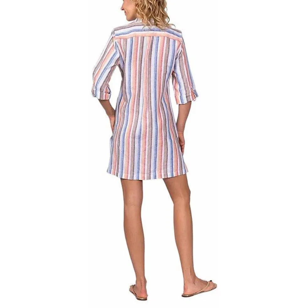 Claudine Tunic - Brown / Orange / Blue Linen Stripe