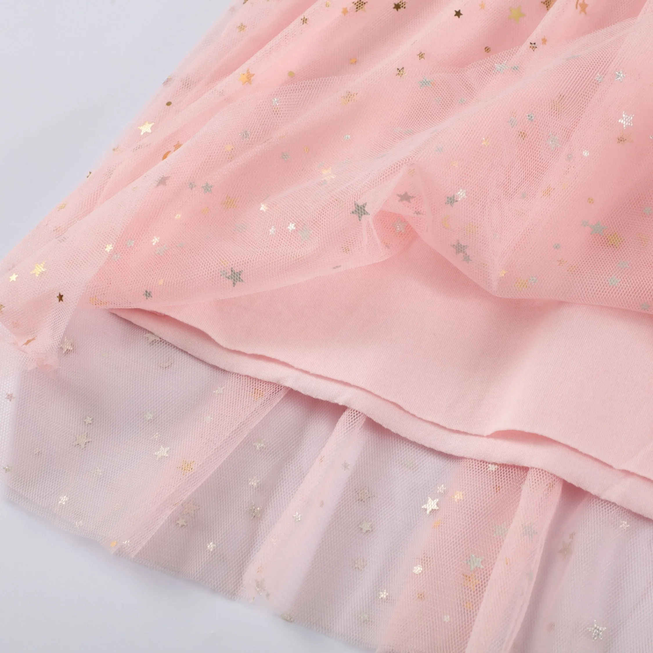 Full Sleeve Cute Bird Glitter Theme Girls Dress, Pink