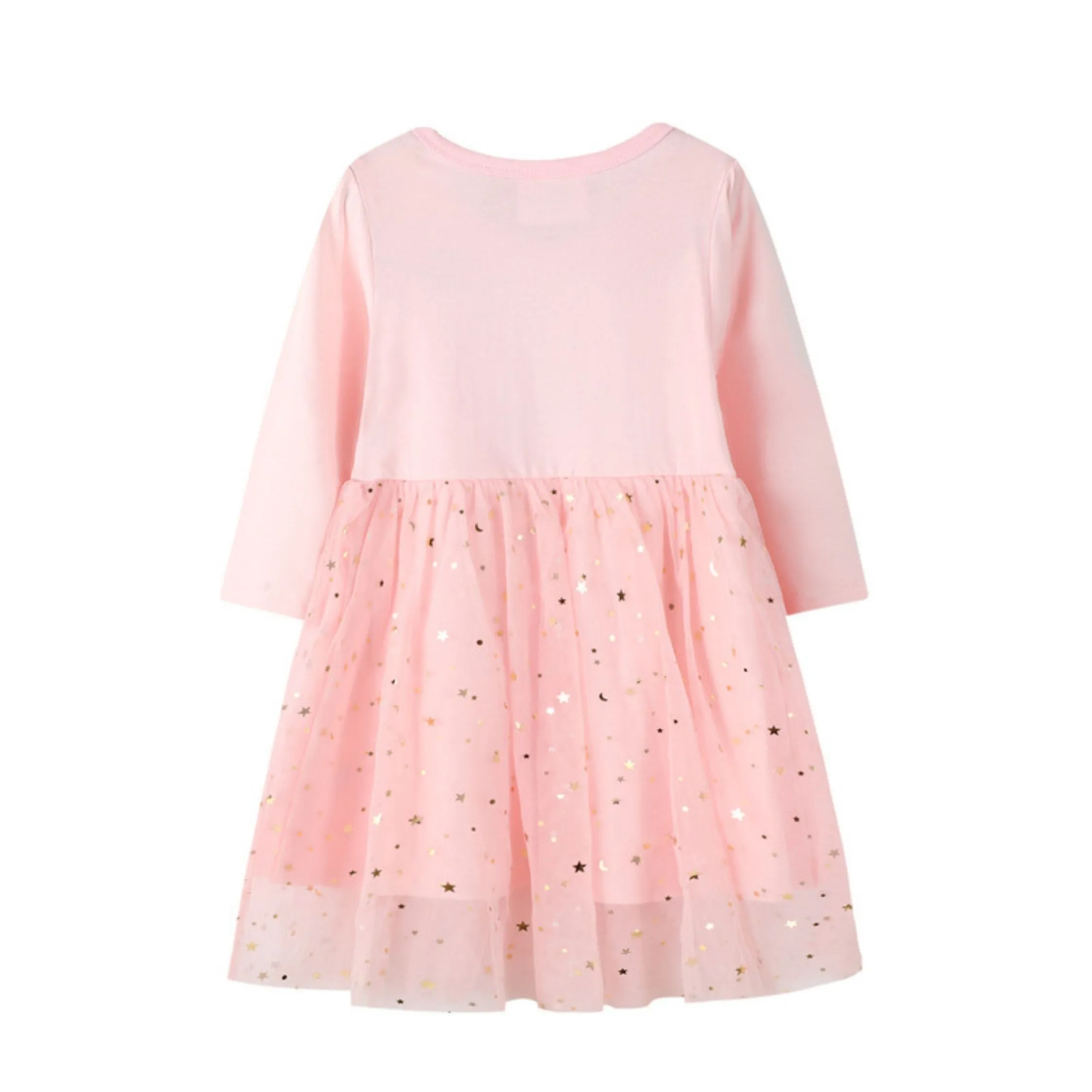 Full Sleeve Cute Bird Glitter Theme Girls Dress, Pink