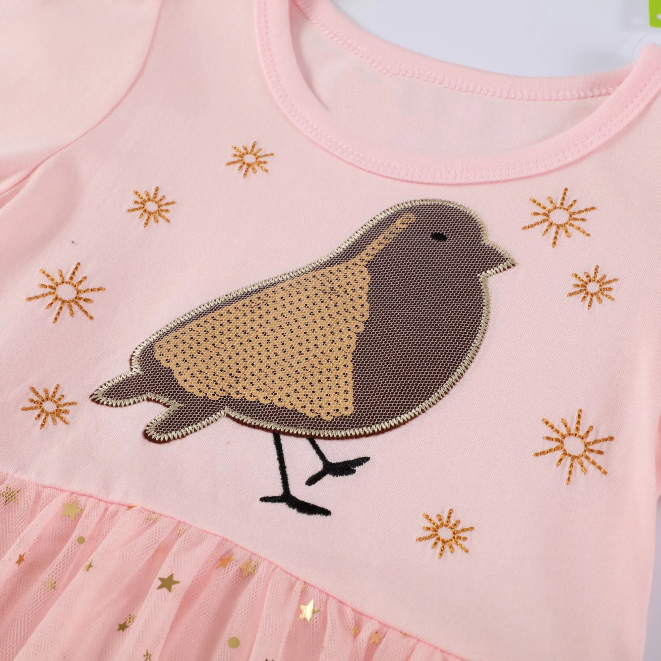 Full Sleeve Cute Bird Glitter Theme Girls Dress, Pink