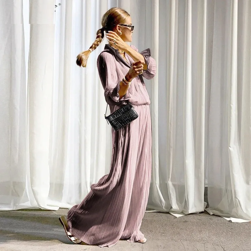 Soft Pleated Wide Leg Pant & Shirt set